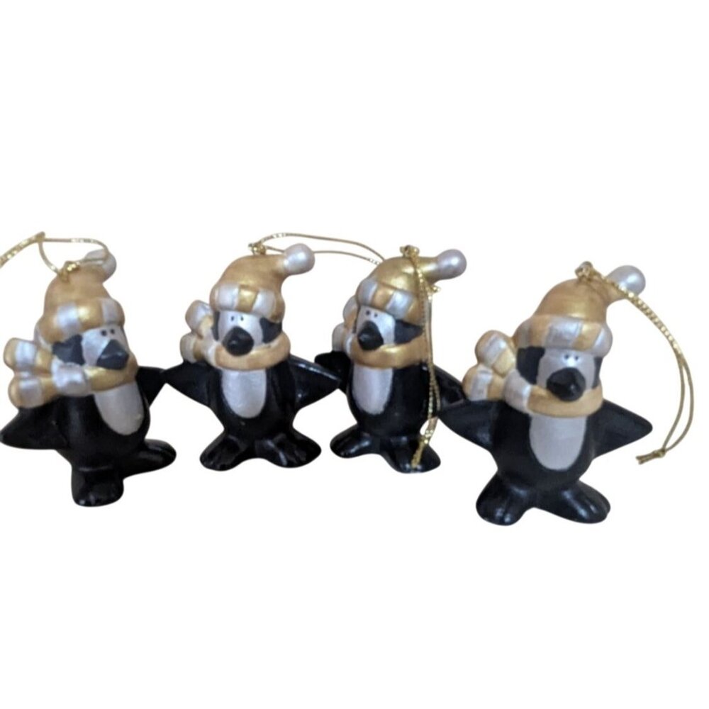 Penguin Christmas Tree Ornaments Set Of 4 Hand-Painted 3" Black Holiday decor